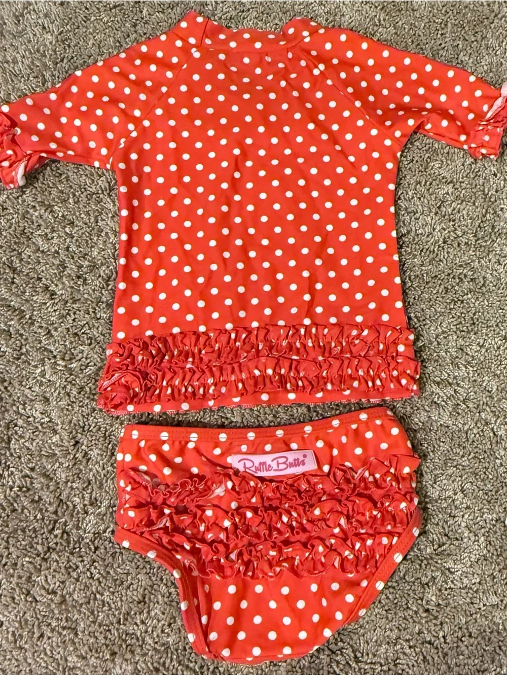 RuffleButts Coral Polka Dot 2-Piece Swimsuit Set 12-18M | Ruffle Details
